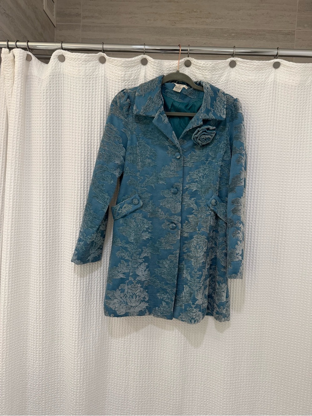Teal Floral Jacquard Long Coat with Rosette